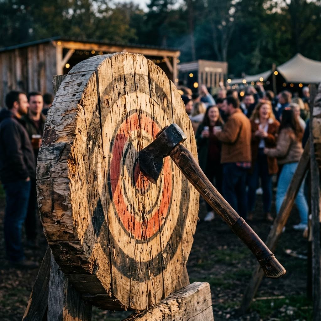 Axe in a wooden target at an event